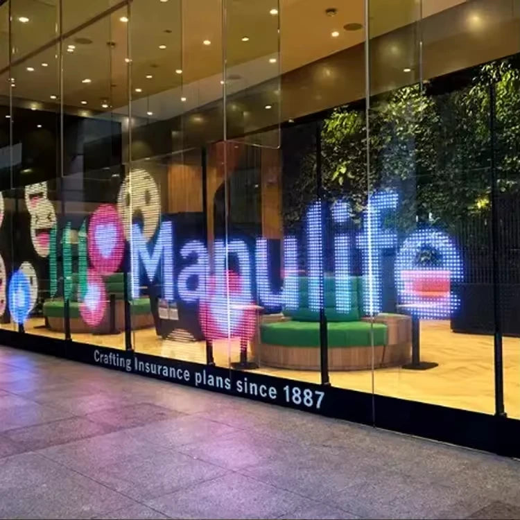 Transparent LED Mesh Screen – Curved Glass Wall Display