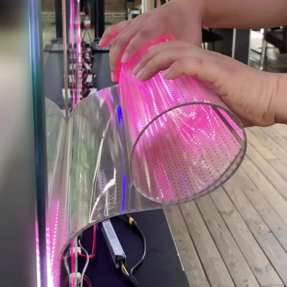 Transparent LED Mesh Screen – Curved Glass Wall Display