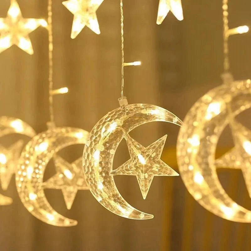 Eid Mubarak Star & Moon LED Curtain Lights – Ramadan 2025 Decor