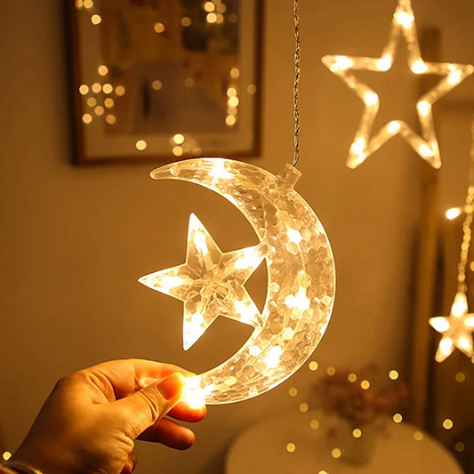 Eid Mubarak Star & Moon LED Curtain Lights – Ramadan 2025 Decor
